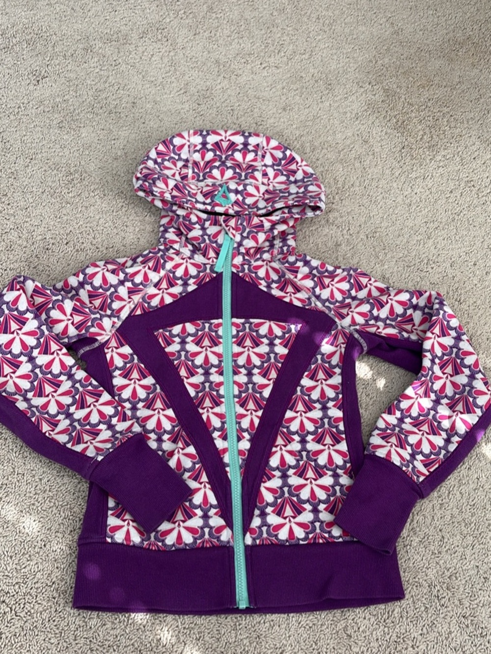 Ivivva Purple Patterned Girls Zip Hoodie with Teal Zipper